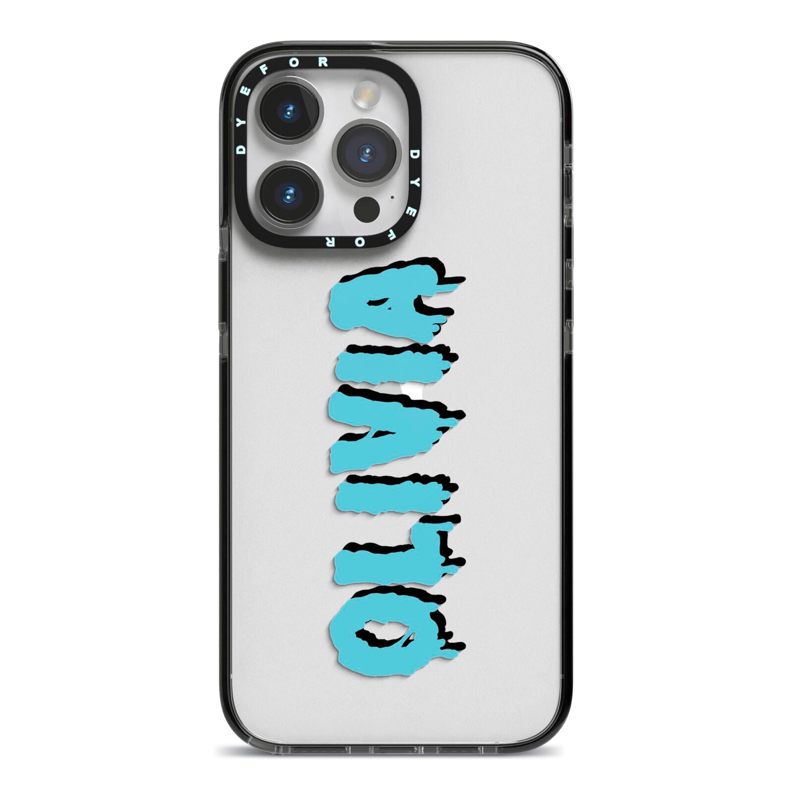 Blue Slime Text iPhone 14 Pro Max Black Impact Case on Silver phone