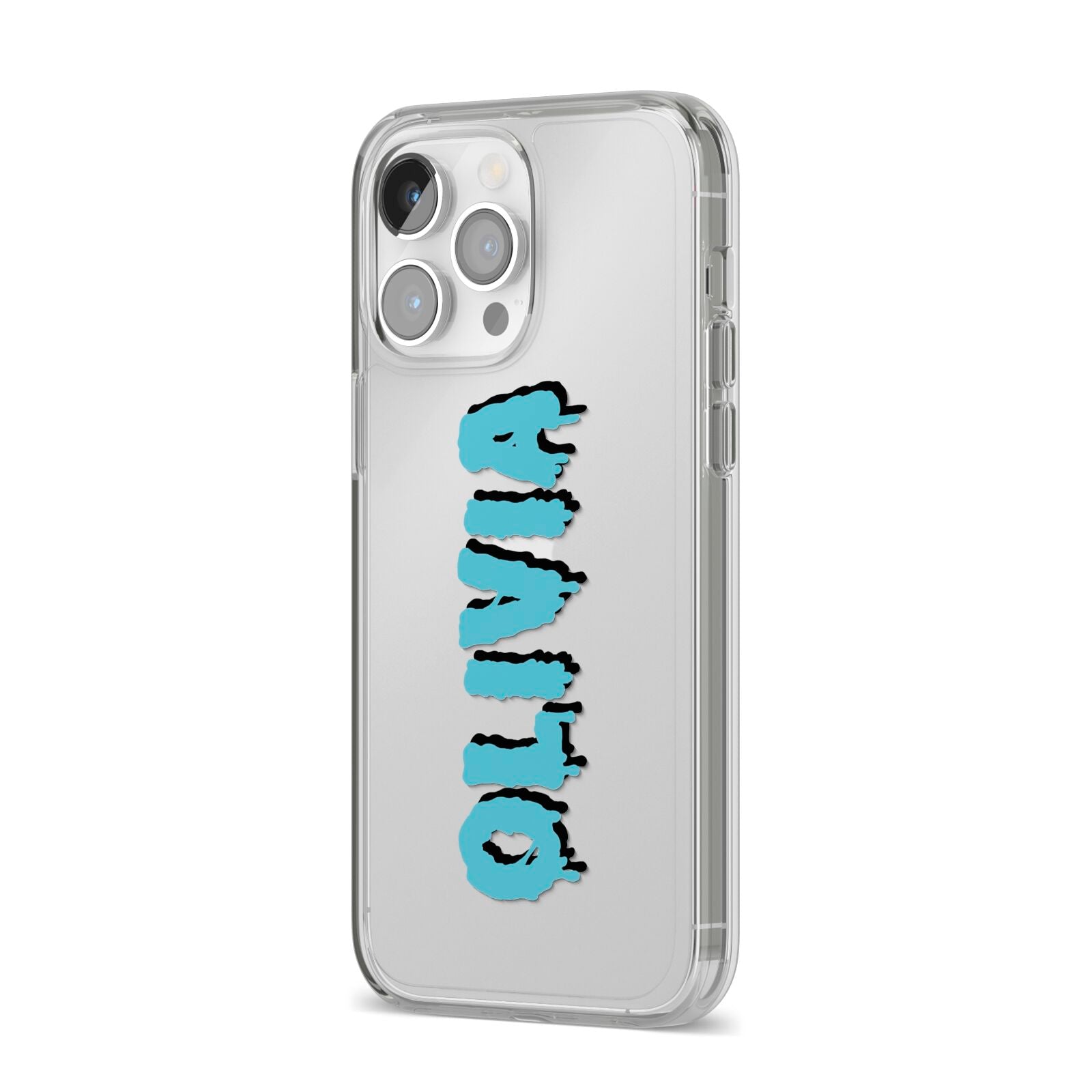 Blue Slime Text iPhone 14 Pro Max Clear Tough Case Silver Angled Image