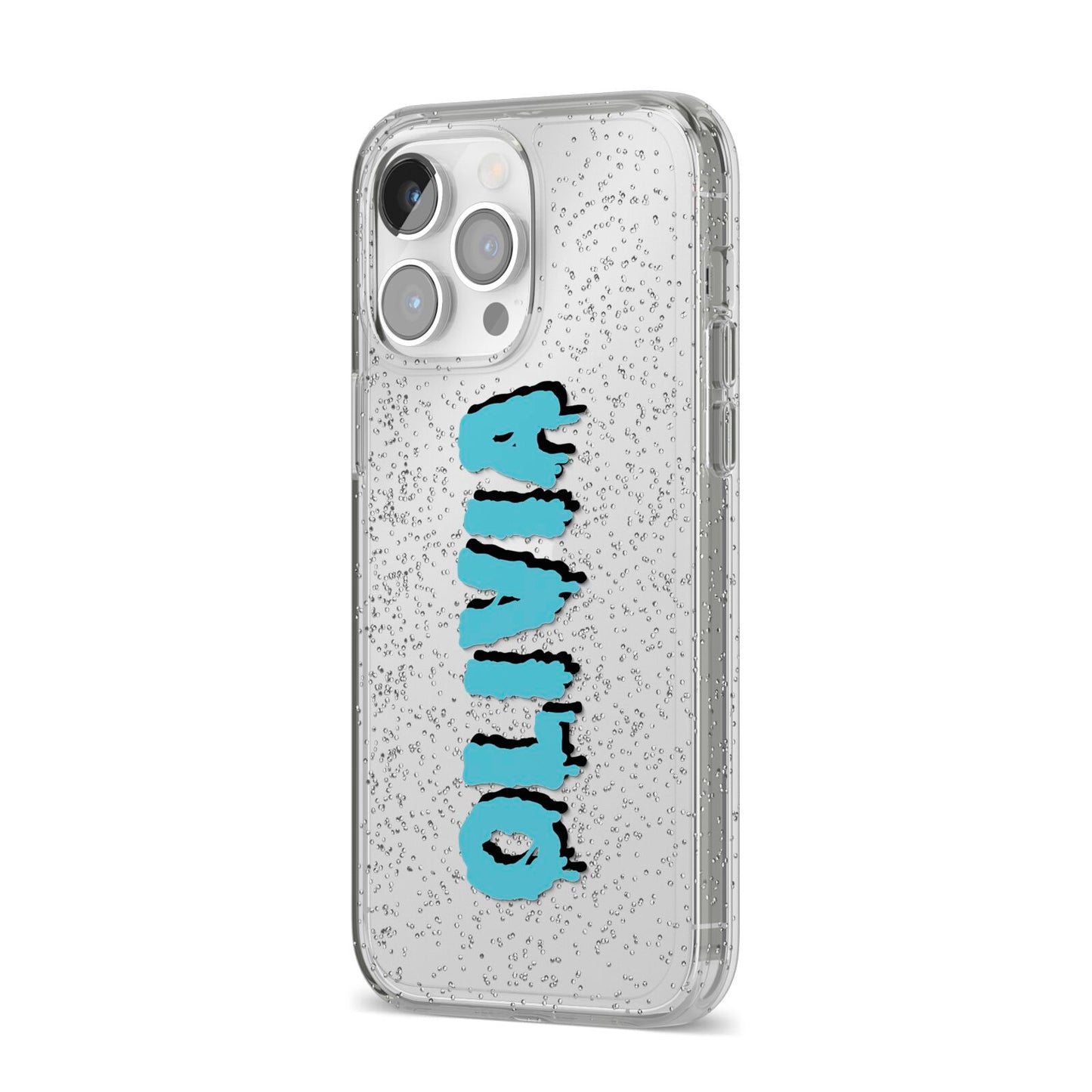 Blue Slime Text iPhone 14 Pro Max Glitter Tough Case Silver Angled Image