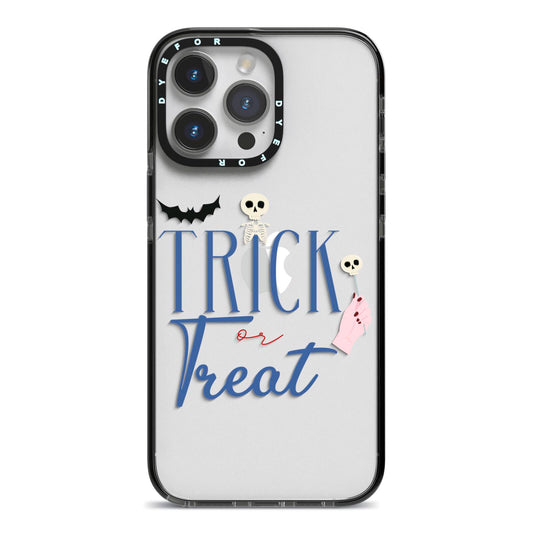 Blue Trick or Treat iPhone 14 Pro Max Black Impact Case on Silver phone