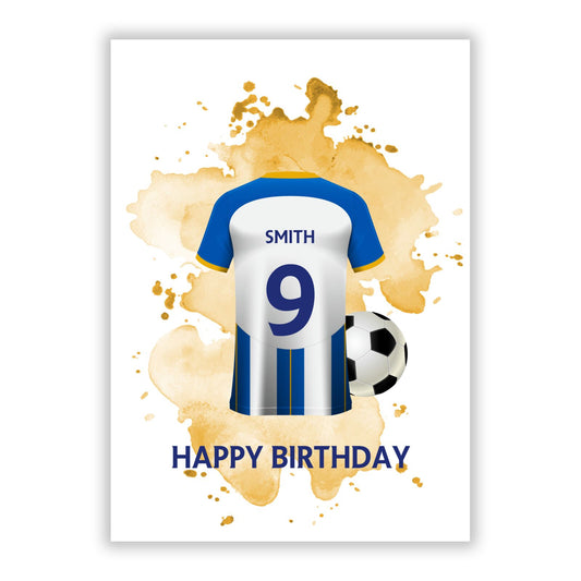 Blue White Yellow Personalised Football Shirt A5 Flat Greetings Card
