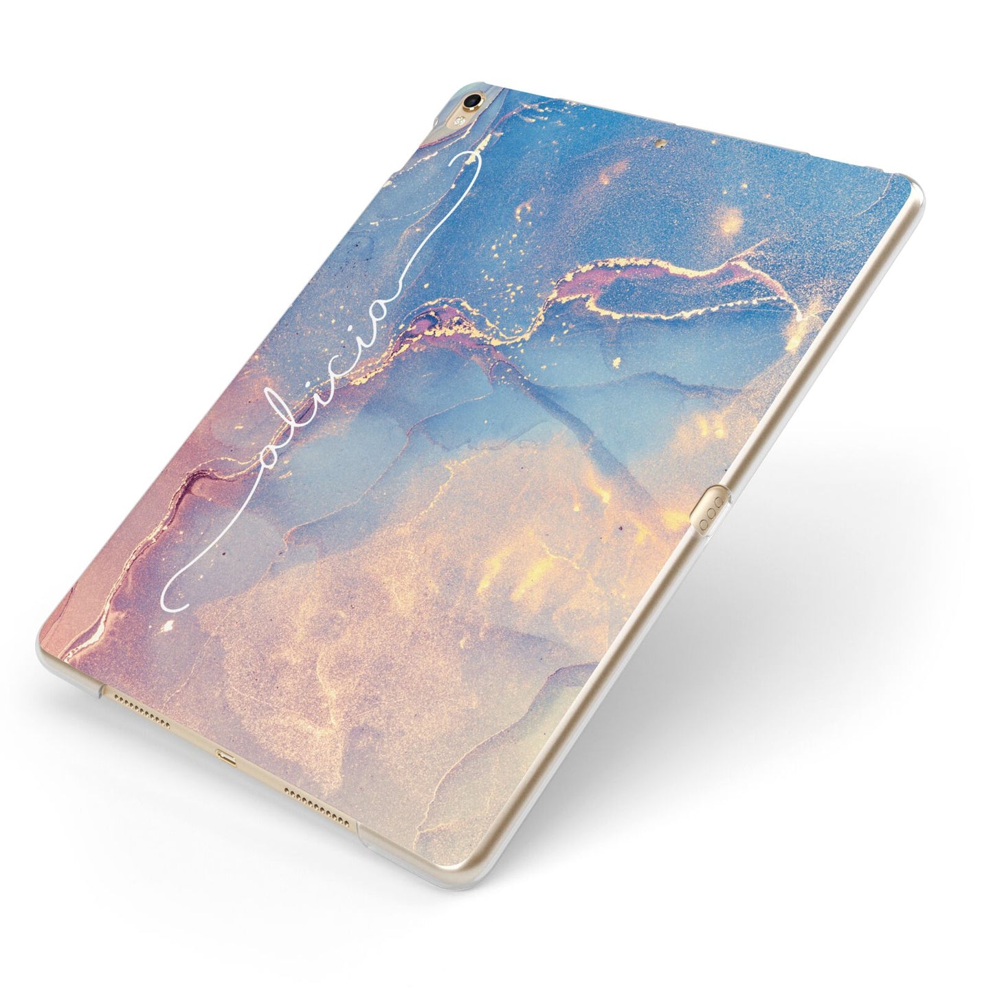 Blue and Pink Marble Apple iPad Case on Gold iPad Side View