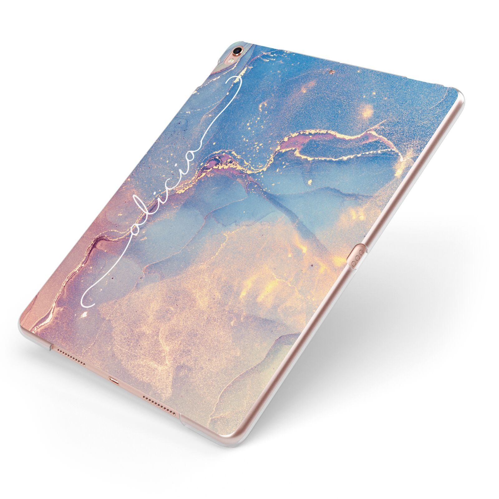 Blue and Pink Marble Apple iPad Case on Rose Gold iPad Side View