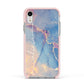 Blue and Pink Marble Apple iPhone XR Impact Case Pink Edge on Silver Phone