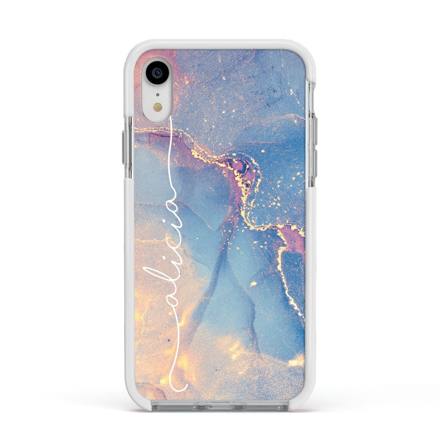 Blue and Pink Marble Apple iPhone XR Impact Case White Edge on Silver Phone