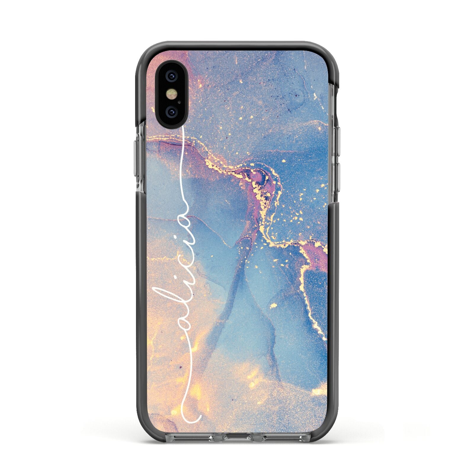 Blue and Pink Marble Apple iPhone Xs Impact Case Black Edge on Black Phone