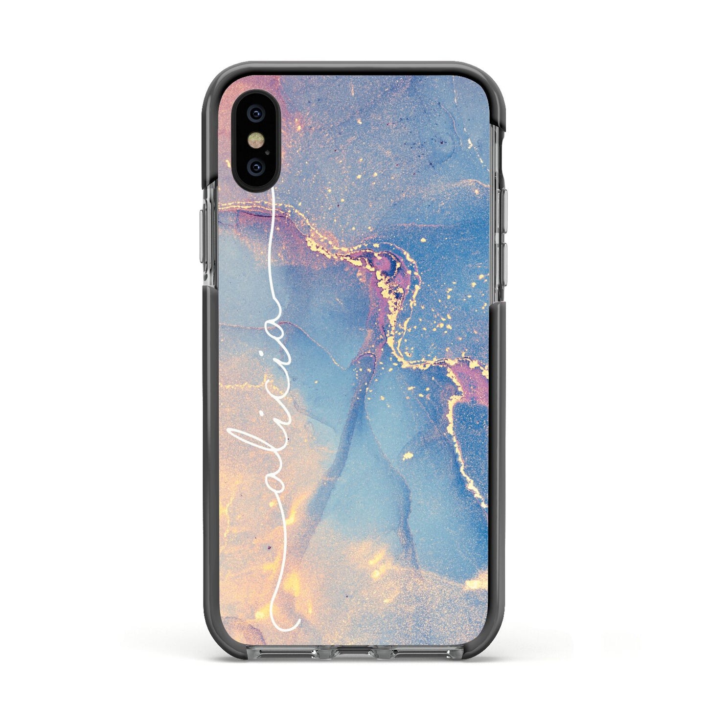 Blue and Pink Marble Apple iPhone Xs Impact Case Black Edge on Black Phone
