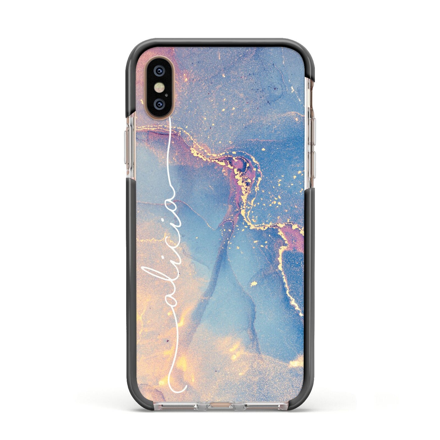 Blue and Pink Marble Apple iPhone Xs Impact Case Black Edge on Gold Phone