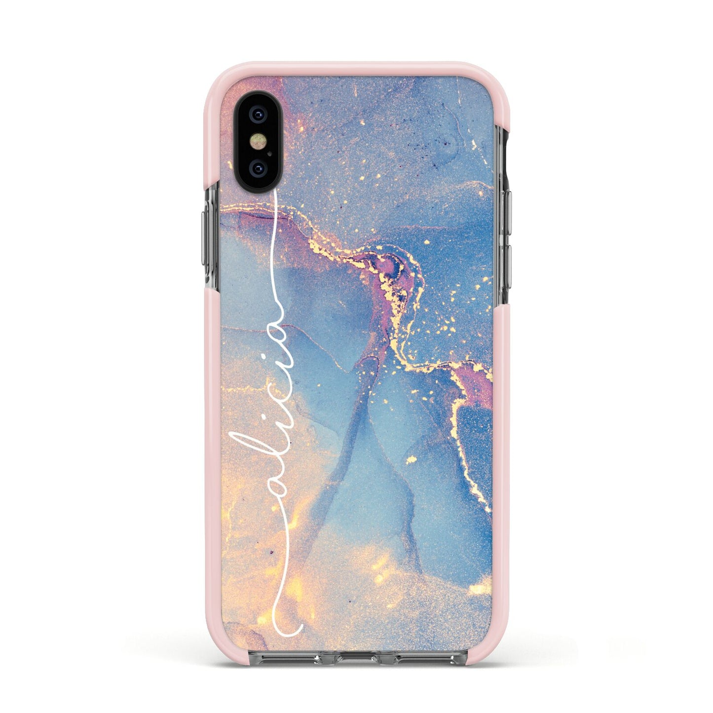 Blue and Pink Marble Apple iPhone Xs Impact Case Pink Edge on Black Phone