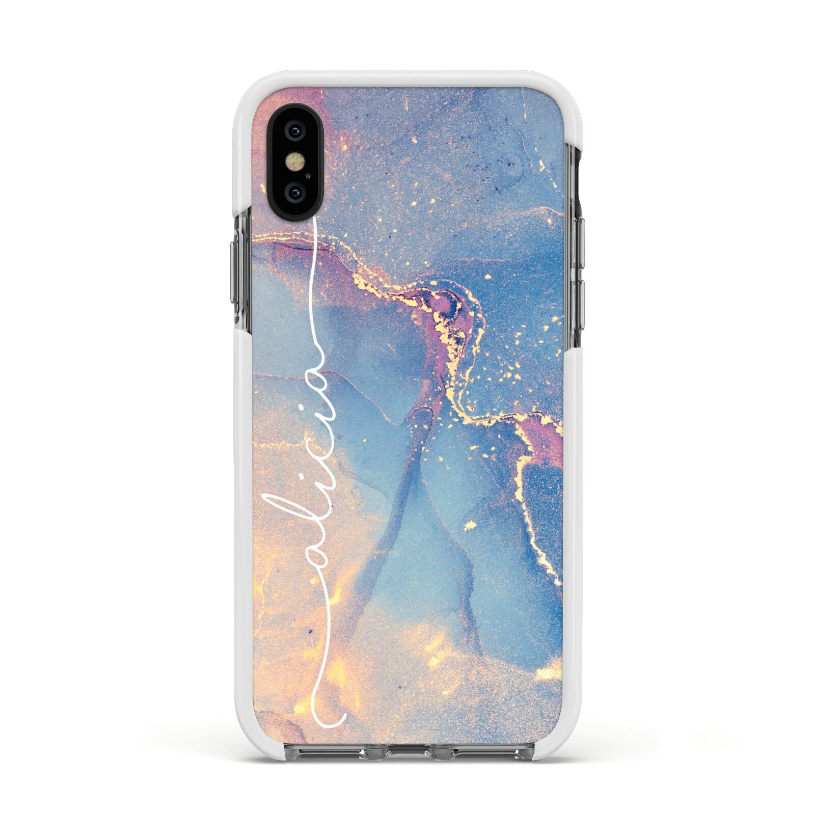Blue and Pink Marble Apple iPhone Xs Impact Case White Edge on Black Phone