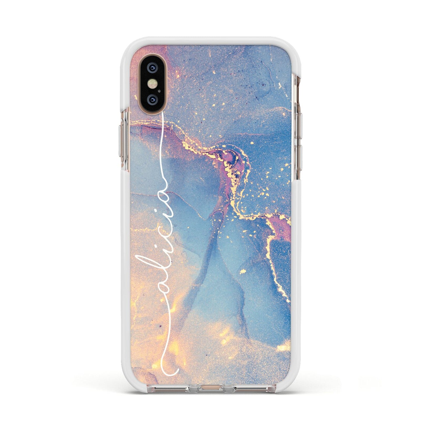 Blue and Pink Marble Apple iPhone Xs Impact Case White Edge on Gold Phone