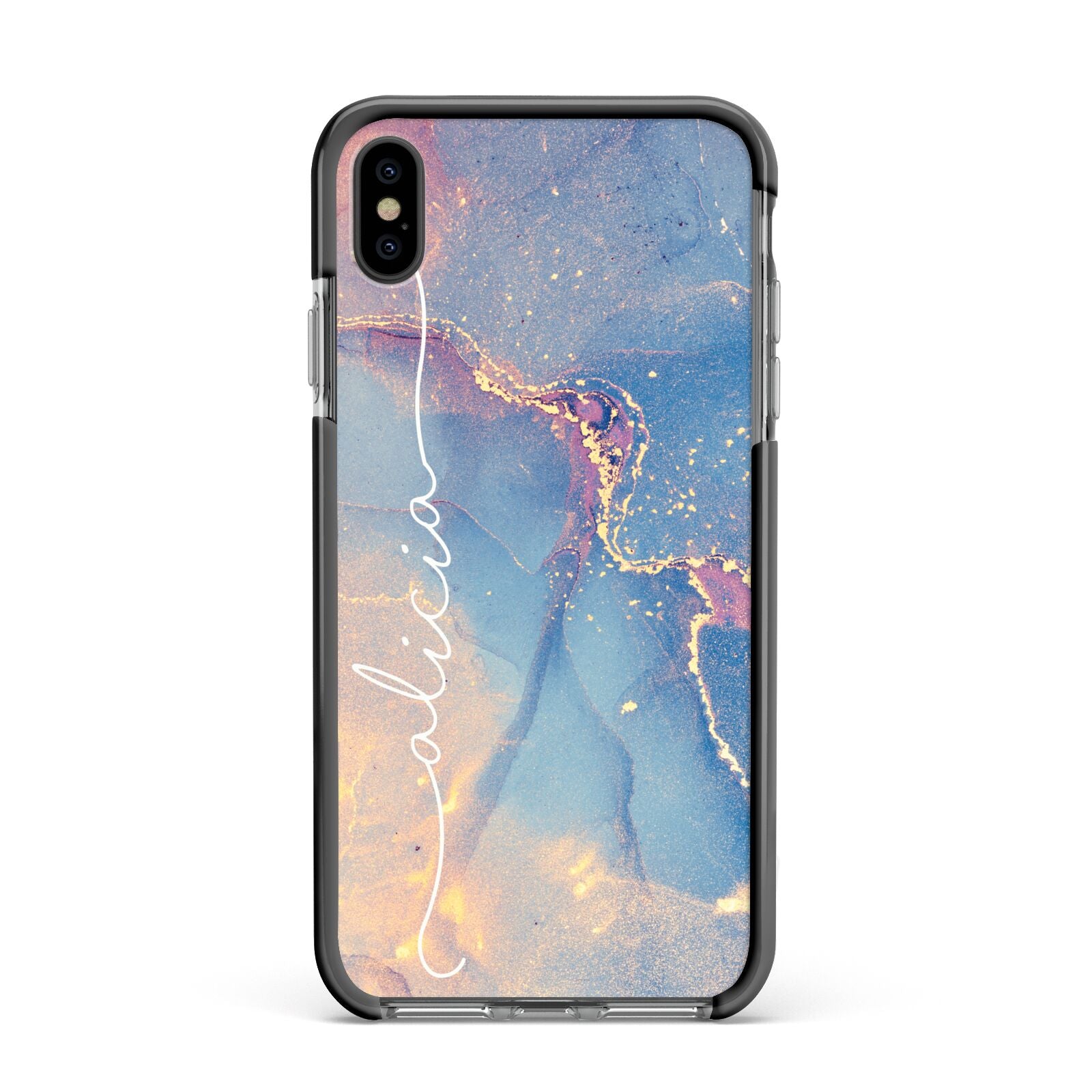 Blue and Pink Marble Apple iPhone Xs Max Impact Case Black Edge on Black Phone