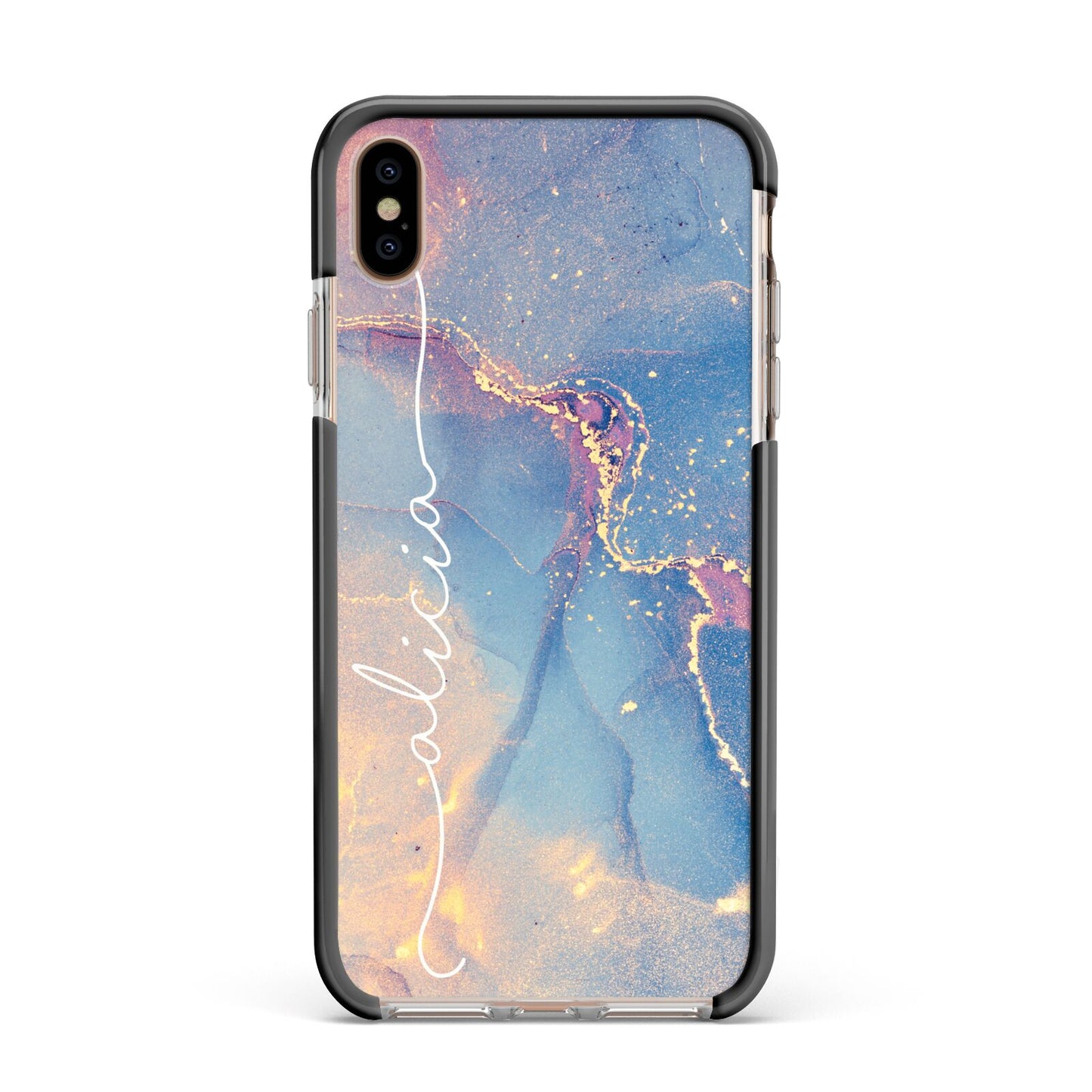Blue and Pink Marble Apple iPhone Xs Max Impact Case Black Edge on Gold Phone