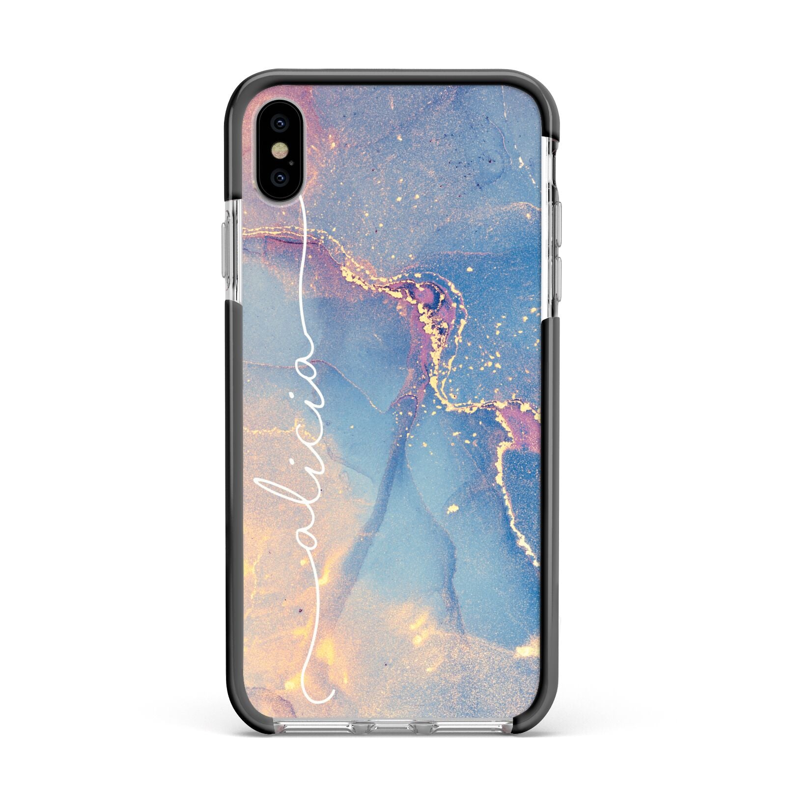 Blue and Pink Marble Apple iPhone Xs Max Impact Case Black Edge on Silver Phone