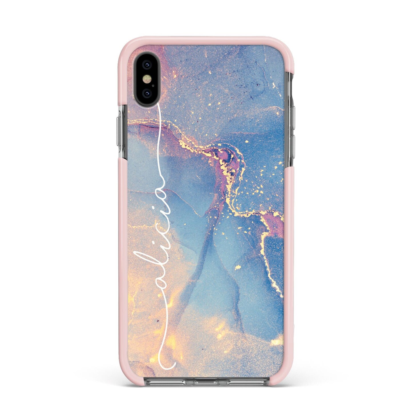 Blue and Pink Marble Apple iPhone Xs Max Impact Case Pink Edge on Black Phone