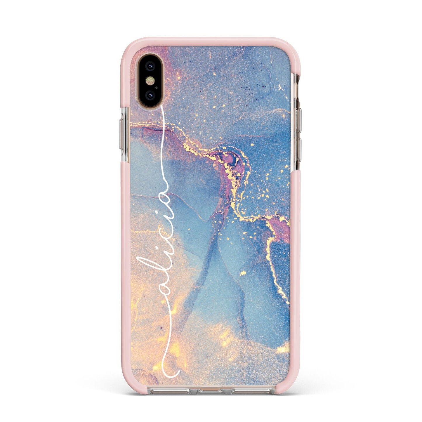 Blue and Pink Marble Apple iPhone Xs Max Impact Case Pink Edge on Gold Phone