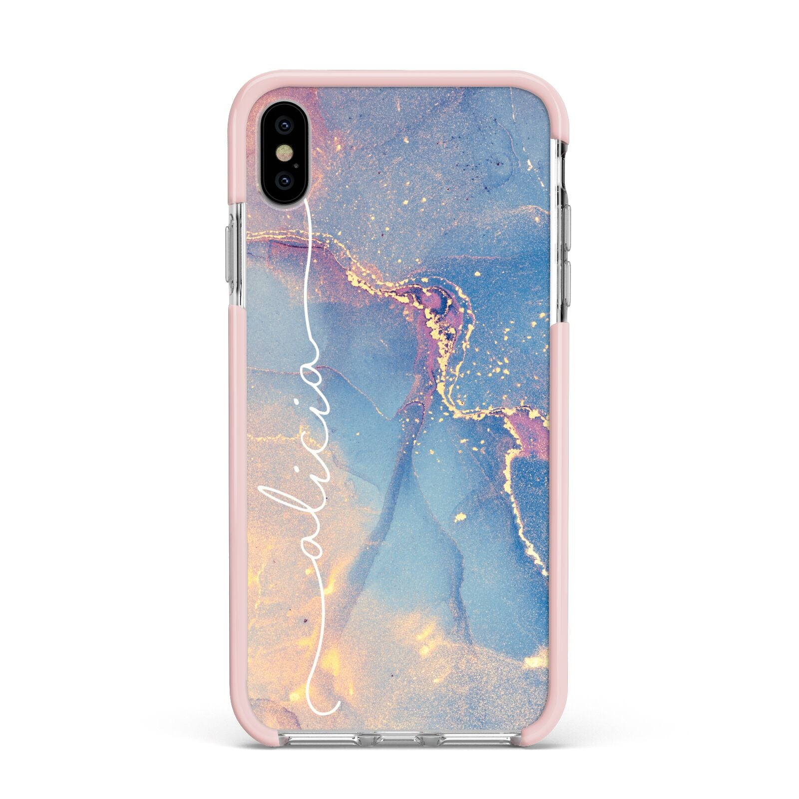 Blue and Pink Marble Apple iPhone Xs Max Impact Case Pink Edge on Silver Phone