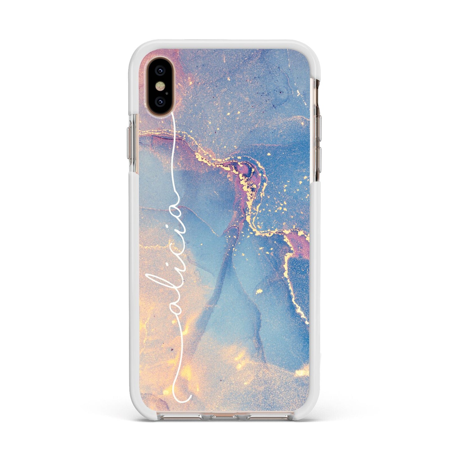 Blue and Pink Marble Apple iPhone Xs Max Impact Case White Edge on Gold Phone