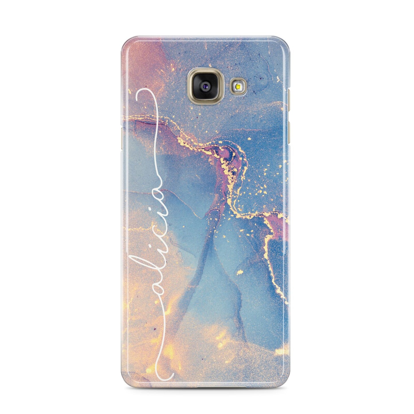 Blue and Pink Marble Samsung Galaxy A3 2016 Case on gold phone