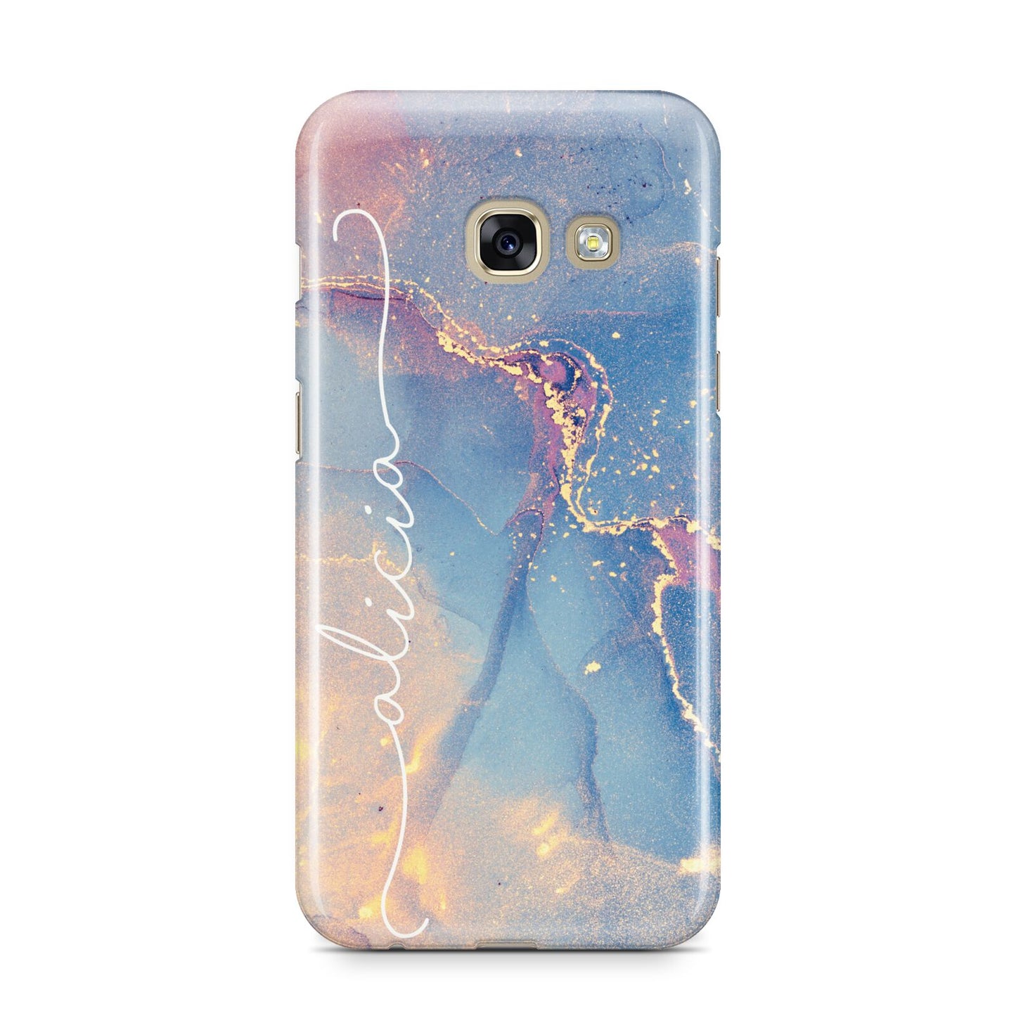 Blue and Pink Marble Samsung Galaxy A3 2017 Case on gold phone