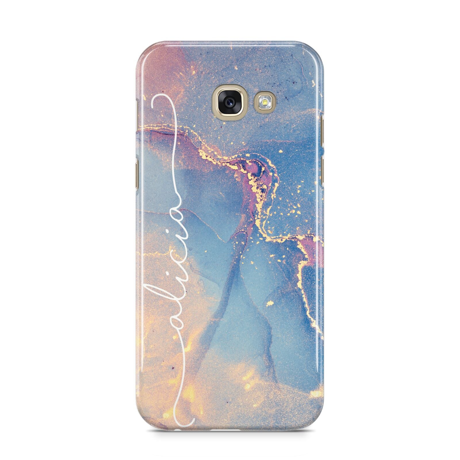 Blue and Pink Marble Samsung Galaxy A5 2017 Case on gold phone