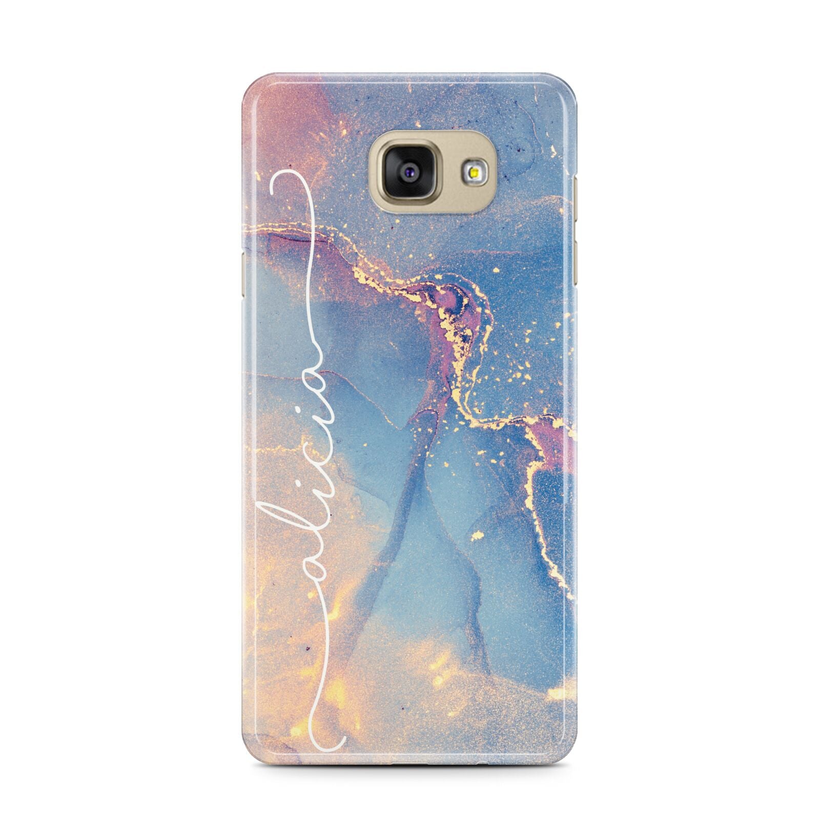 Blue and Pink Marble Samsung Galaxy A7 2016 Case on gold phone