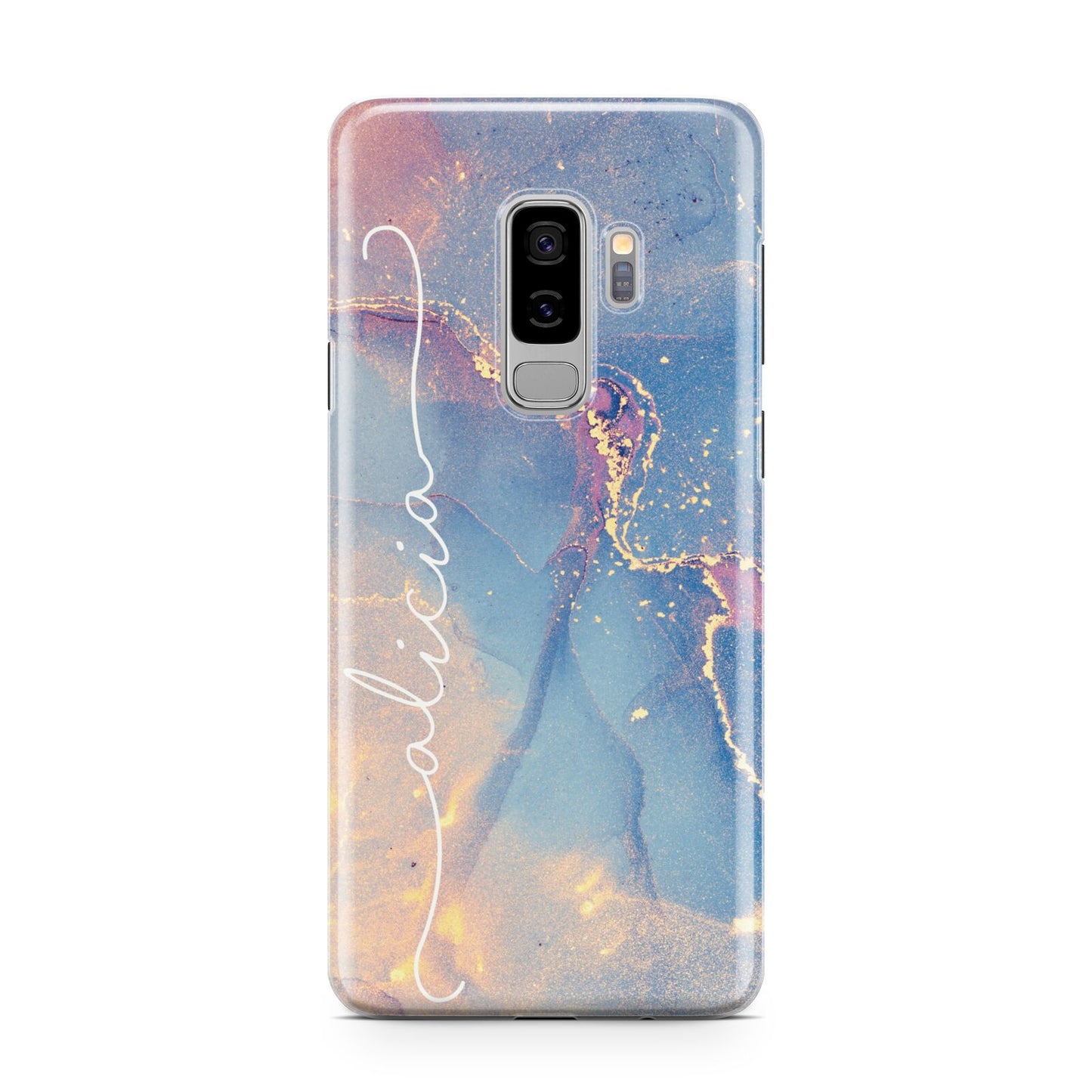 Blue and Pink Marble Samsung Galaxy S9 Plus Case on Silver phone