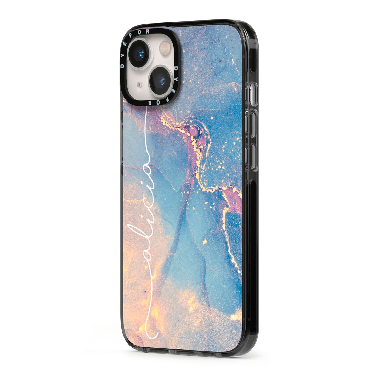 Blue and Pink Marble iPhone 13 Black Impact Case Side Angle on Silver phone