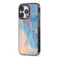 Blue and Pink Marble iPhone 13 Pro Black Impact Case Side Angle on Silver phone