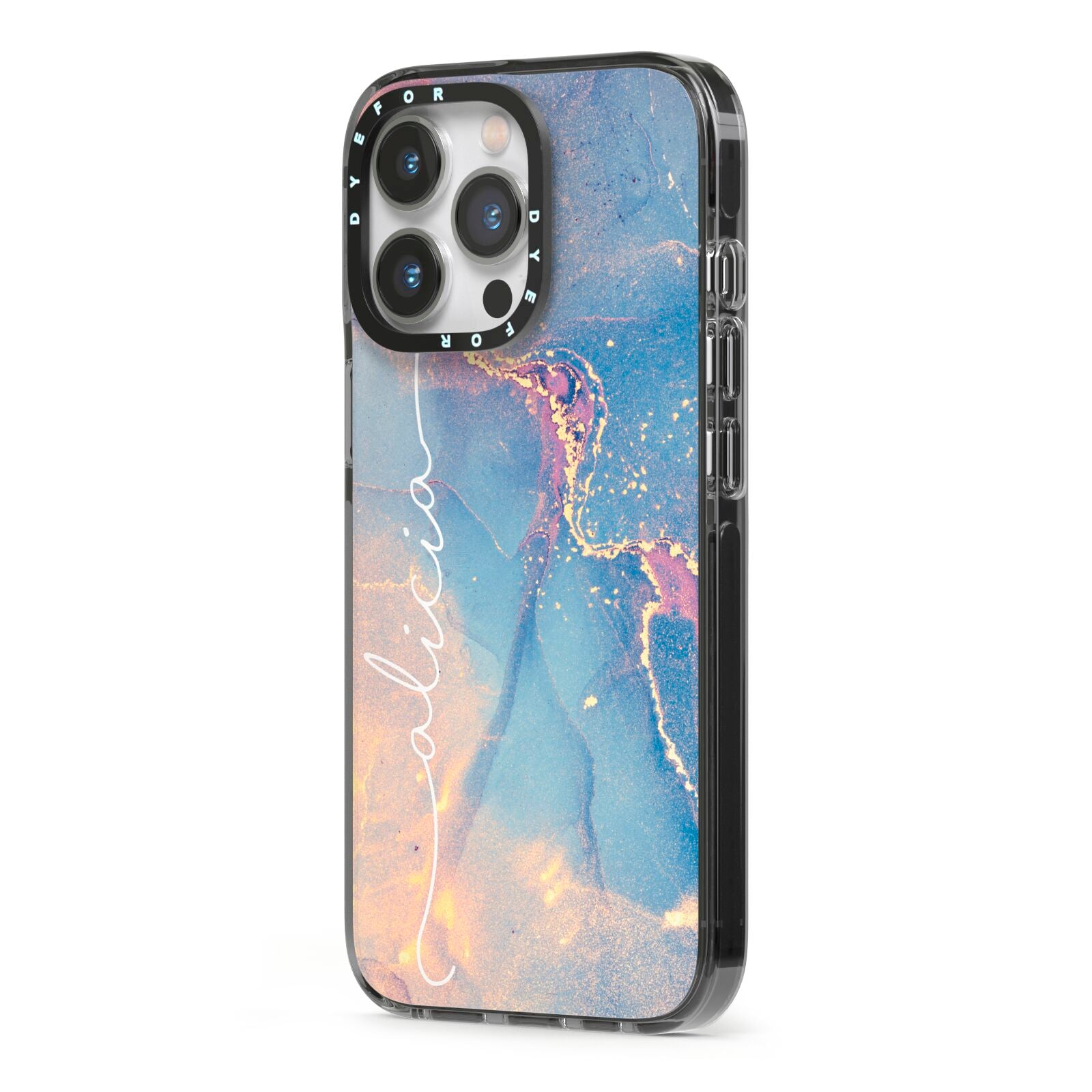 Blue and Pink Marble iPhone 13 Pro Black Impact Case Side Angle on Silver phone