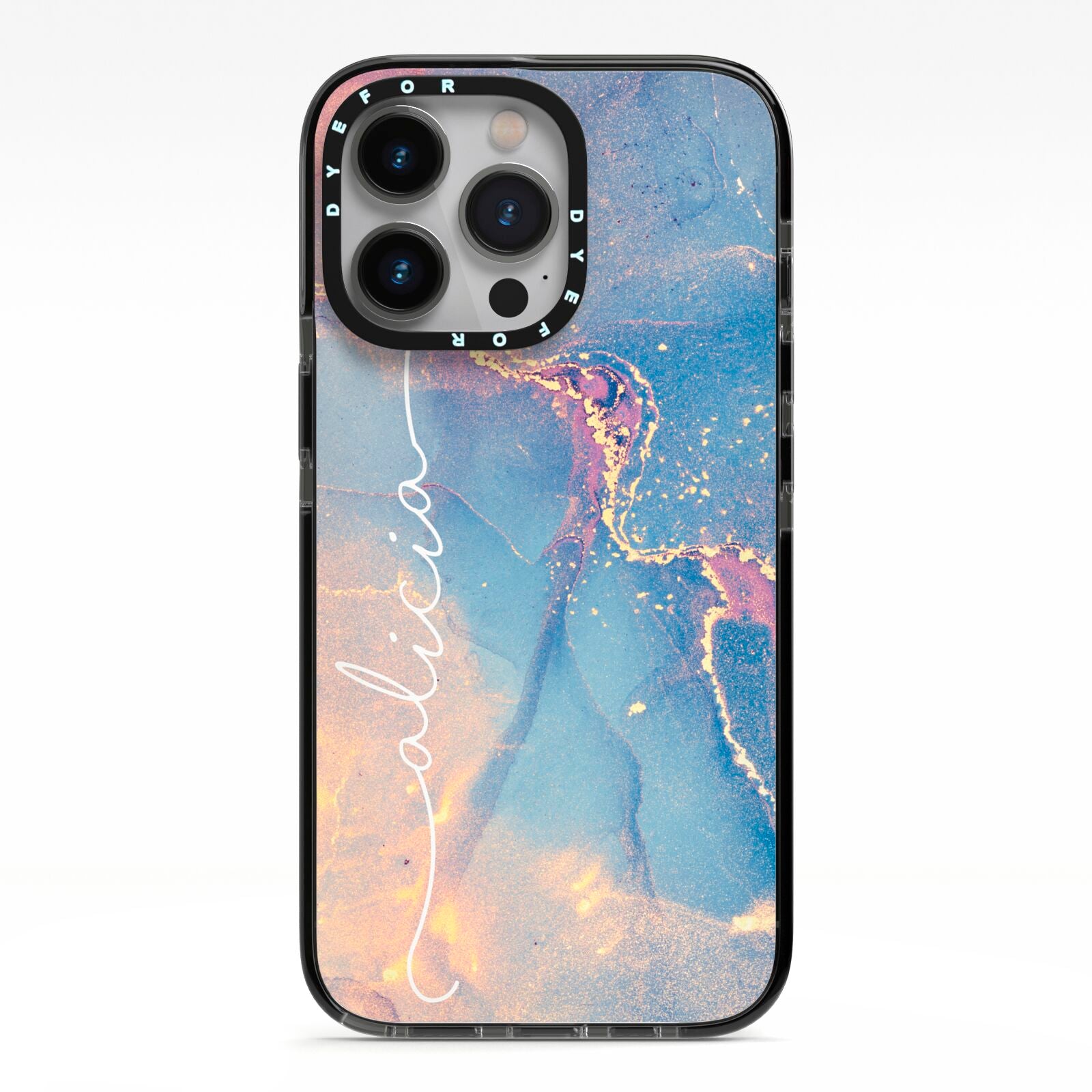 Blue and Pink Marble iPhone 13 Pro Black Impact Case on Silver phone