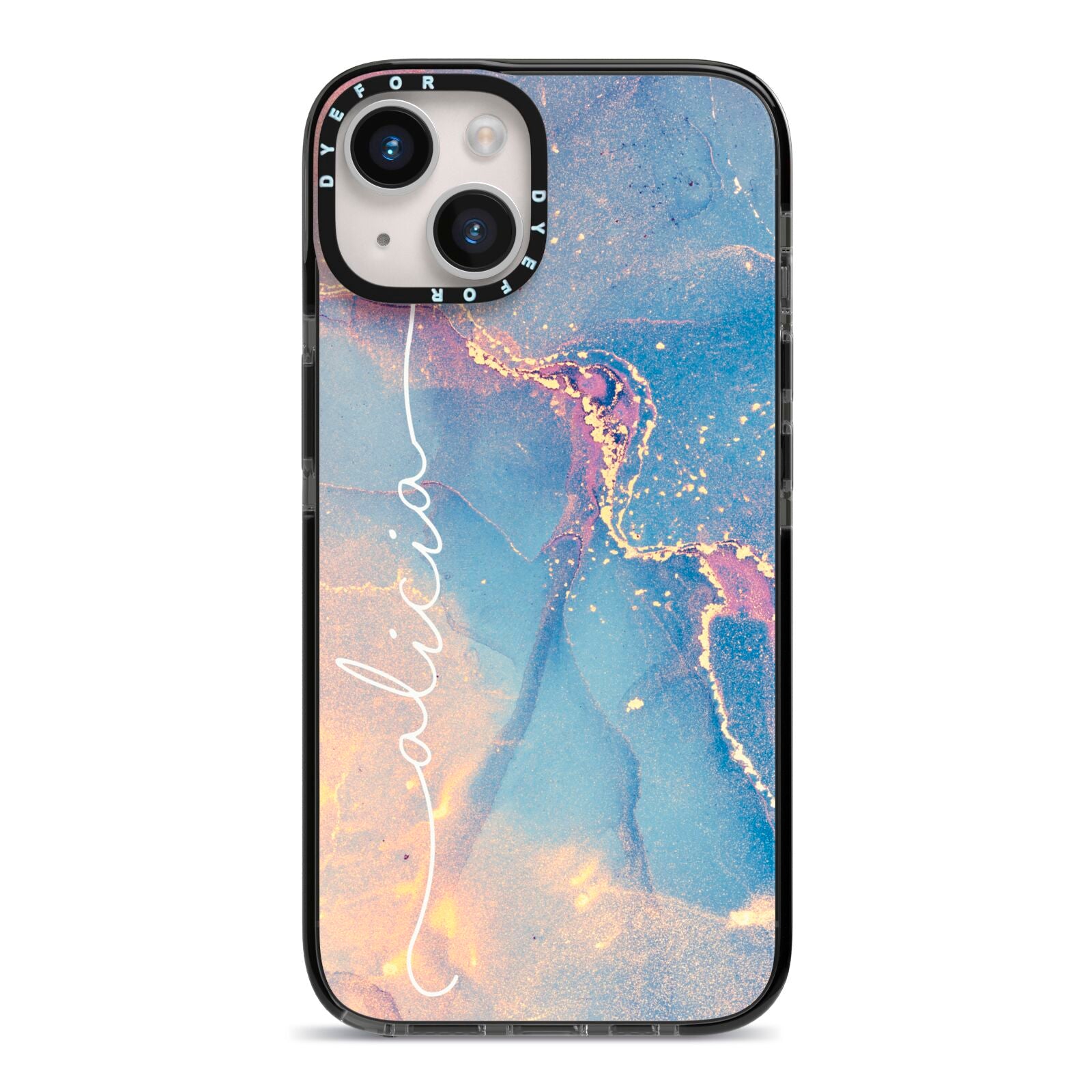 Blue and Pink Marble iPhone 14 Black Impact Case on Silver phone