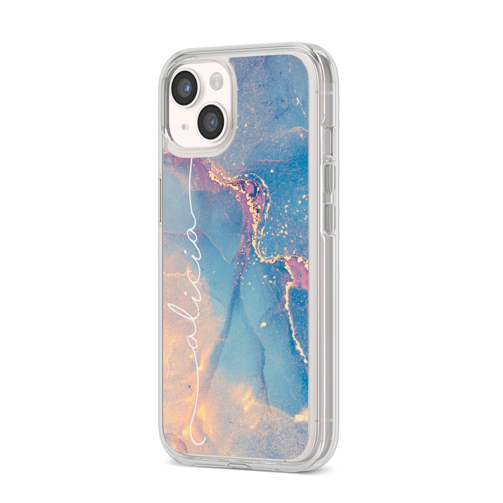 Blue and Pink Marble iPhone 14 Clear Tough Case Starlight Angled Image