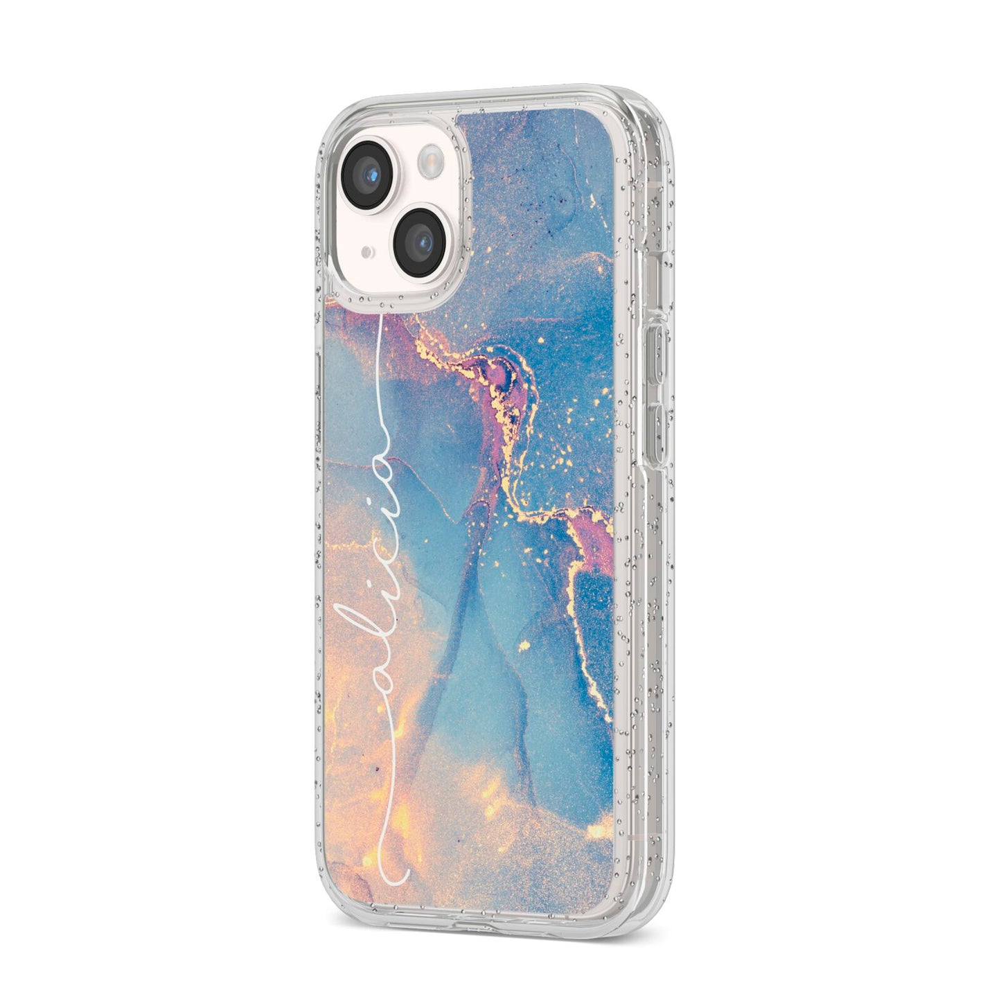 Blue and Pink Marble iPhone 14 Glitter Tough Case Starlight Angled Image