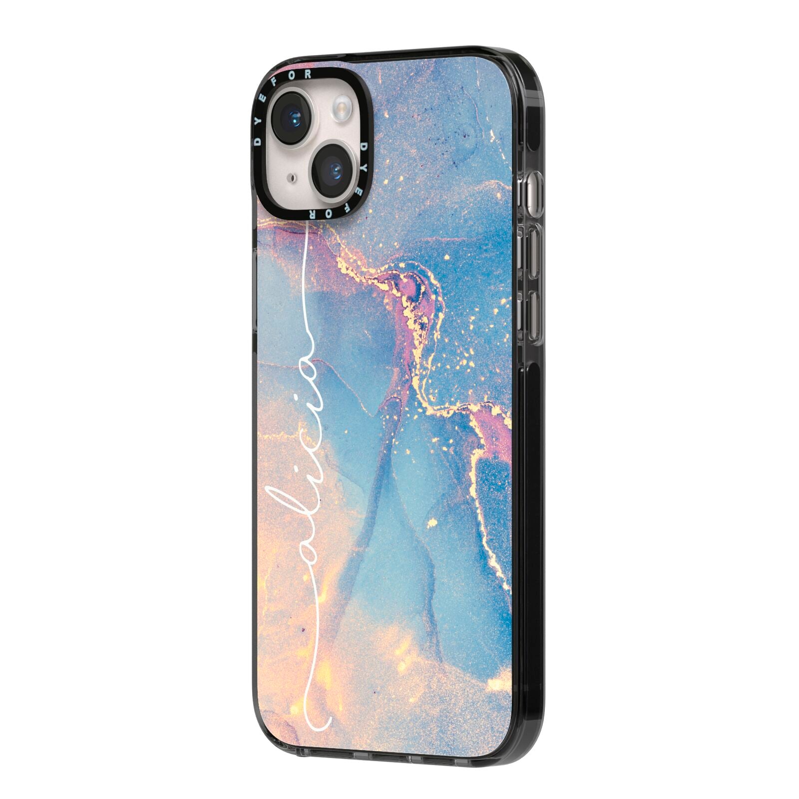 Blue and Pink Marble iPhone 14 Plus Black Impact Case Side Angle on Silver phone