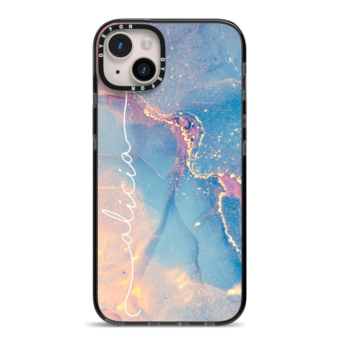 Blue and Pink Marble iPhone 14 Plus Black Impact Case on Silver phone