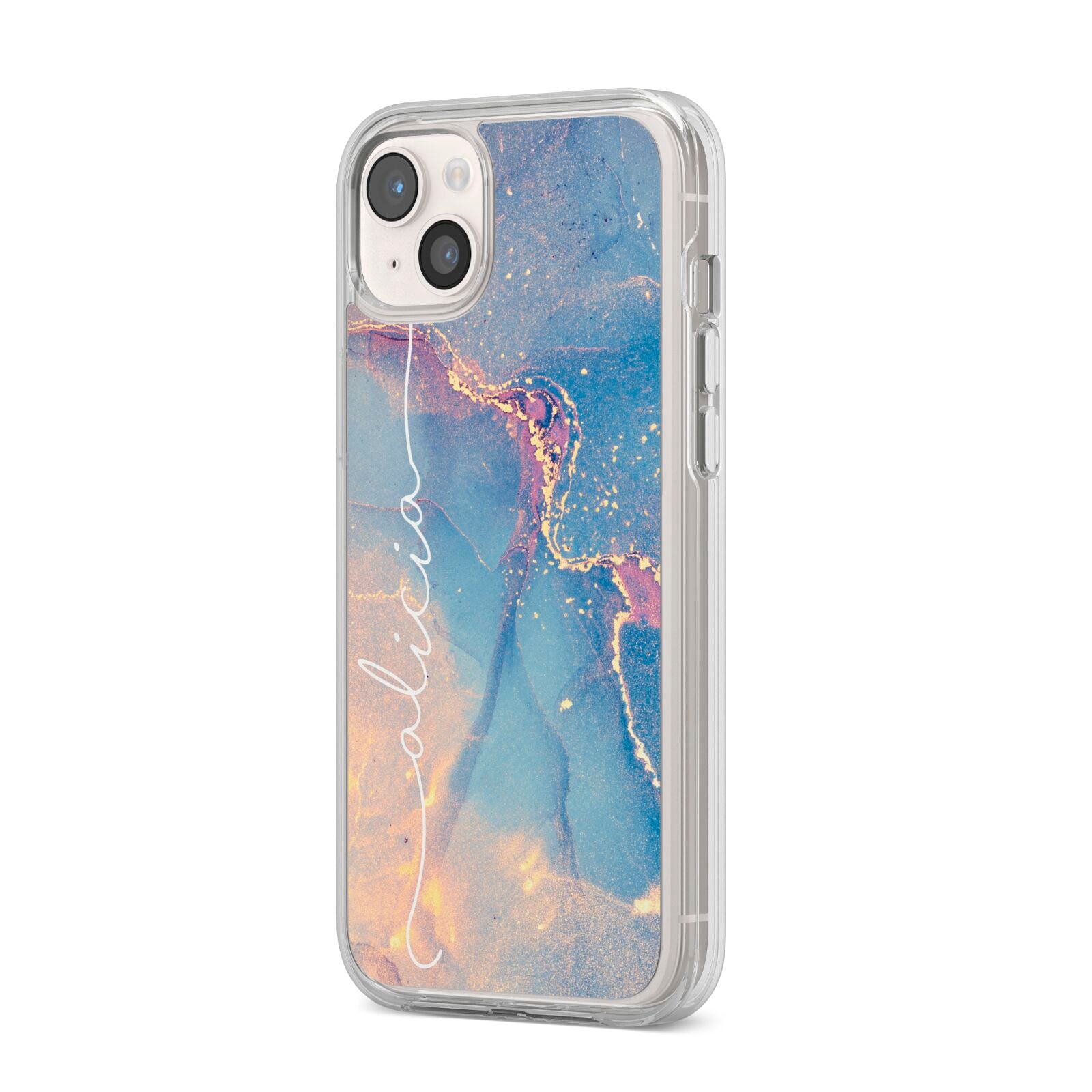 Blue and Pink Marble iPhone 14 Plus Clear Tough Case Starlight Angled Image