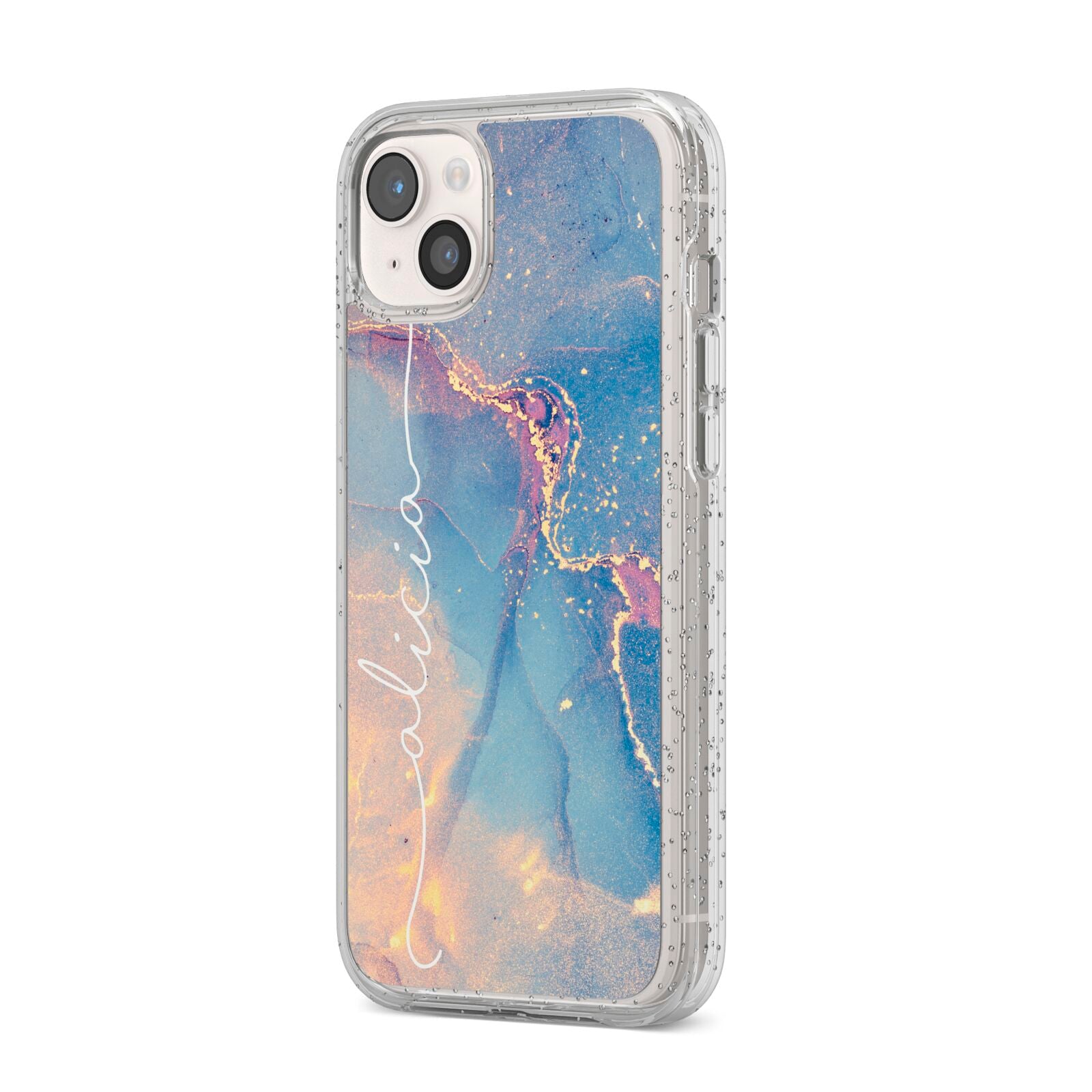 Blue and Pink Marble iPhone 14 Plus Glitter Tough Case Starlight Angled Image