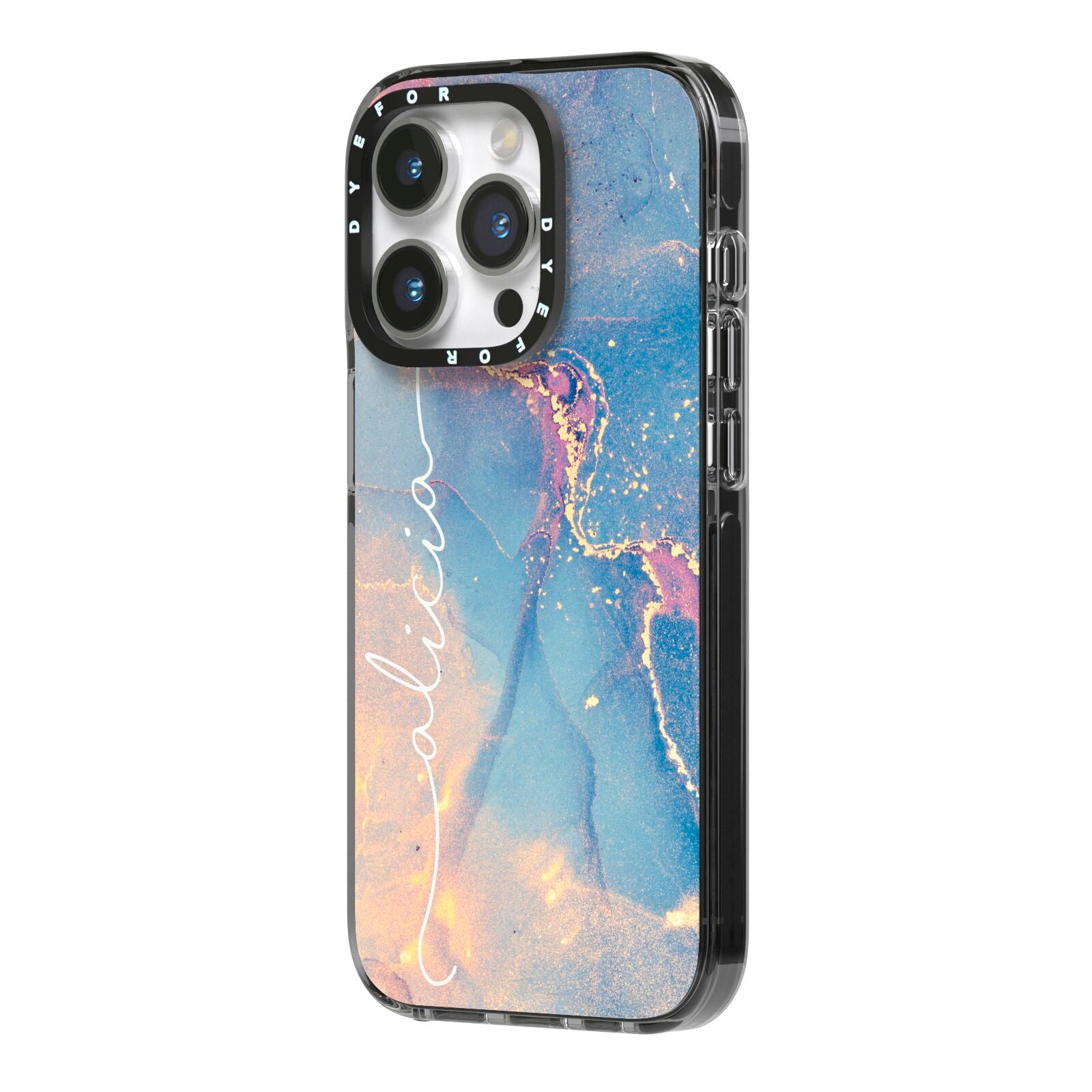 Blue and Pink Marble iPhone 14 Pro Black Impact Case Side Angle on Silver phone