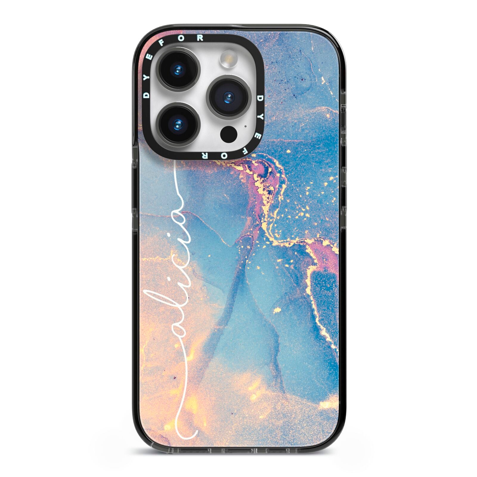 Blue and Pink Marble iPhone 14 Pro Black Impact Case on Silver phone