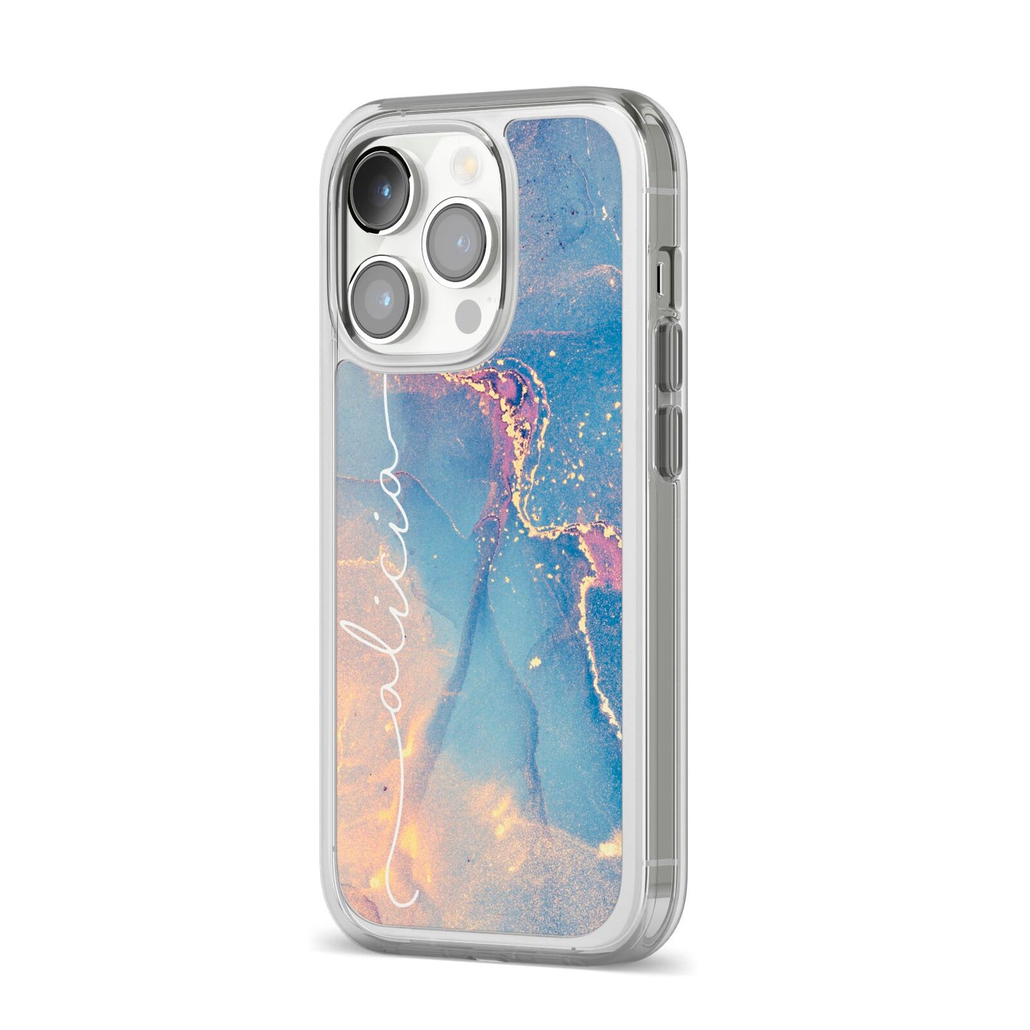 Blue and Pink Marble iPhone 14 Pro Clear Tough Case Silver Angled Image