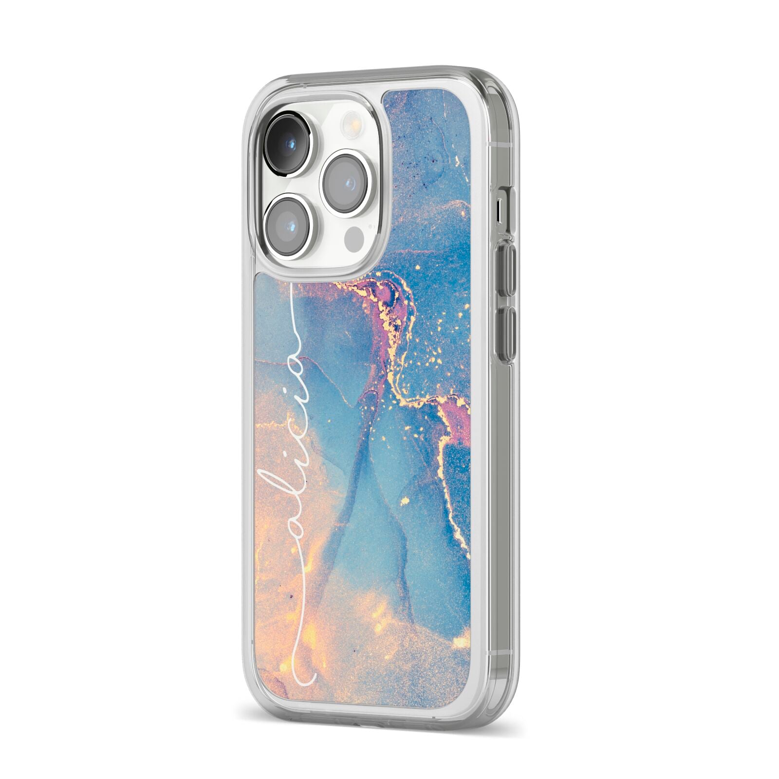 Blue and Pink Marble iPhone 14 Pro Clear Tough Case Silver Angled Image