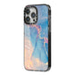 Blue and Pink Marble iPhone 14 Pro Max Black Impact Case Side Angle on Silver phone
