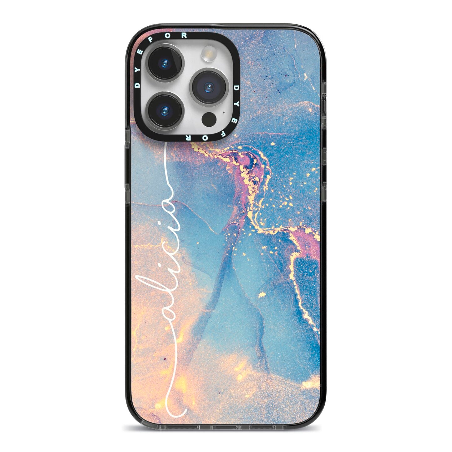 Blue and Pink Marble iPhone 14 Pro Max Black Impact Case on Silver phone