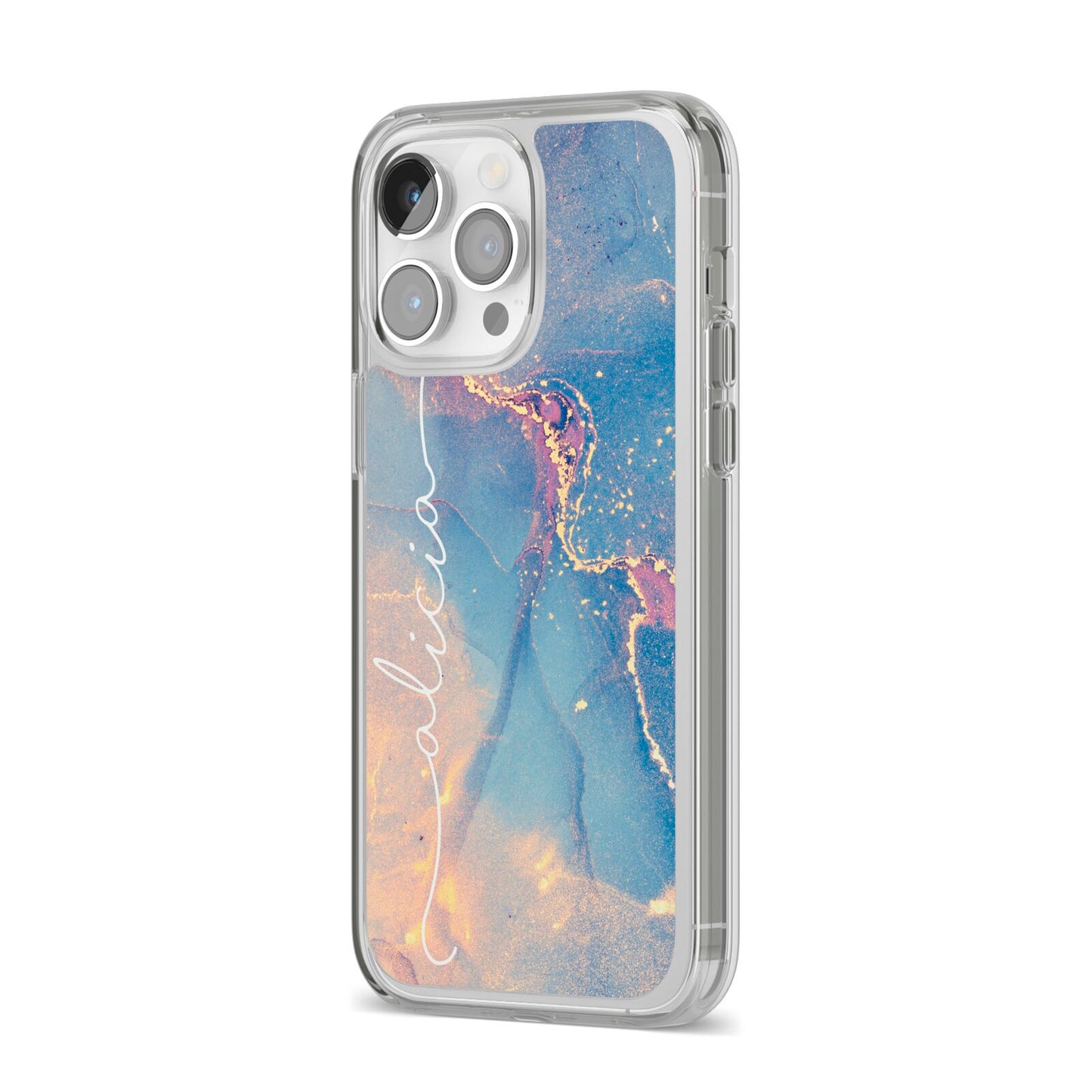 Blue and Pink Marble iPhone 14 Pro Max Clear Tough Case Silver Angled Image