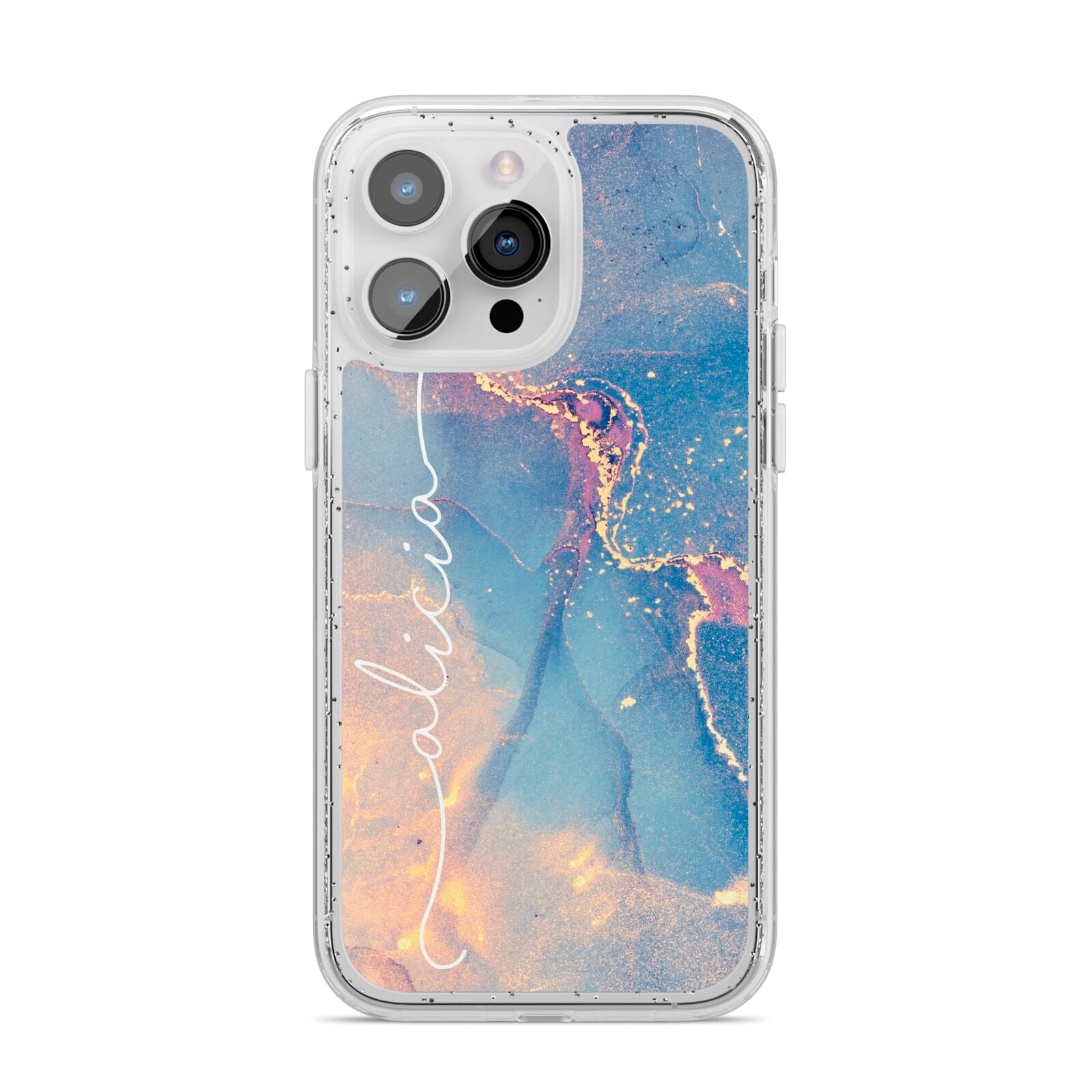 Blue and Pink Marble iPhone 14 Pro Max Glitter Tough Case Silver