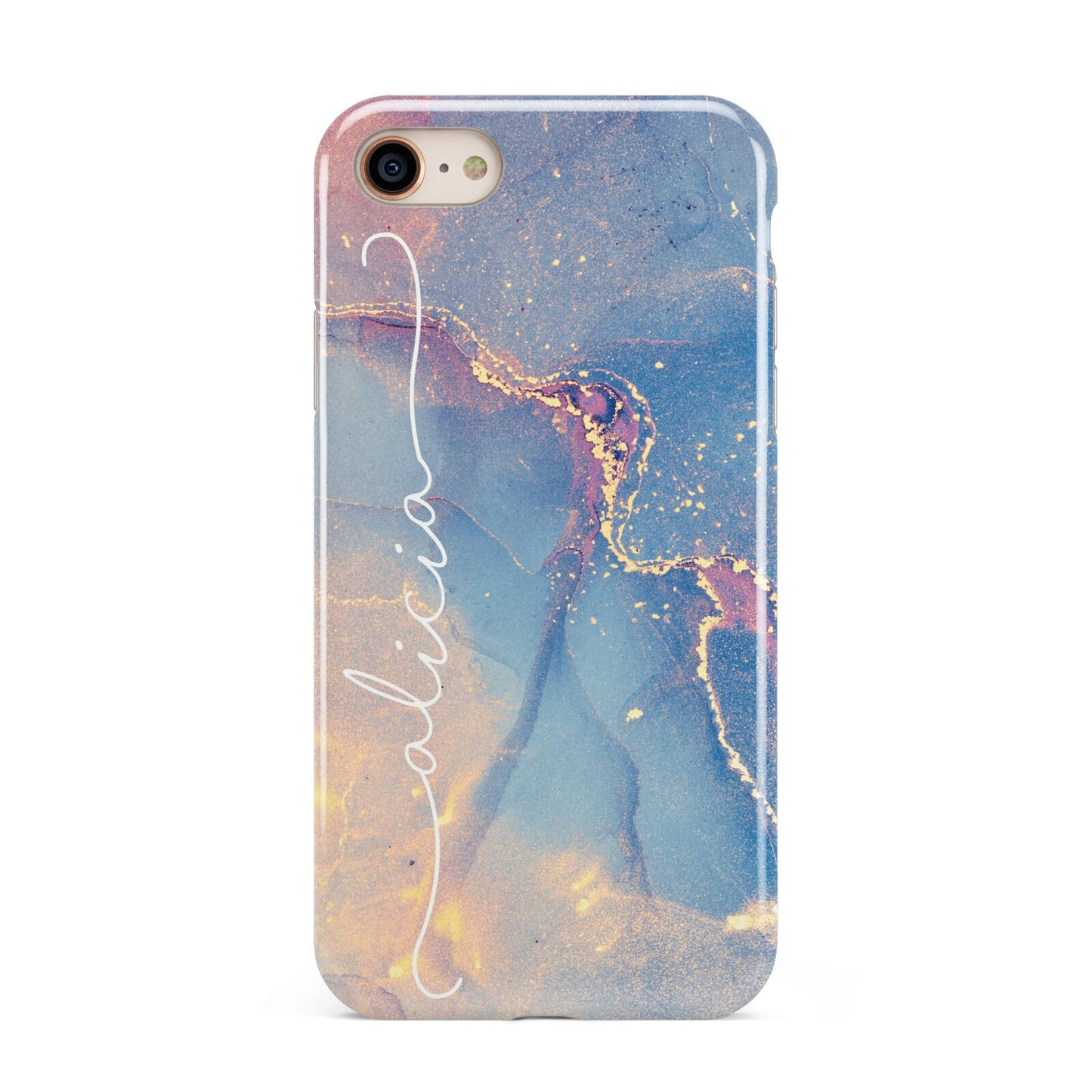 Blue and Pink Marble iPhone 8 3D Tough Case on Gold Phone