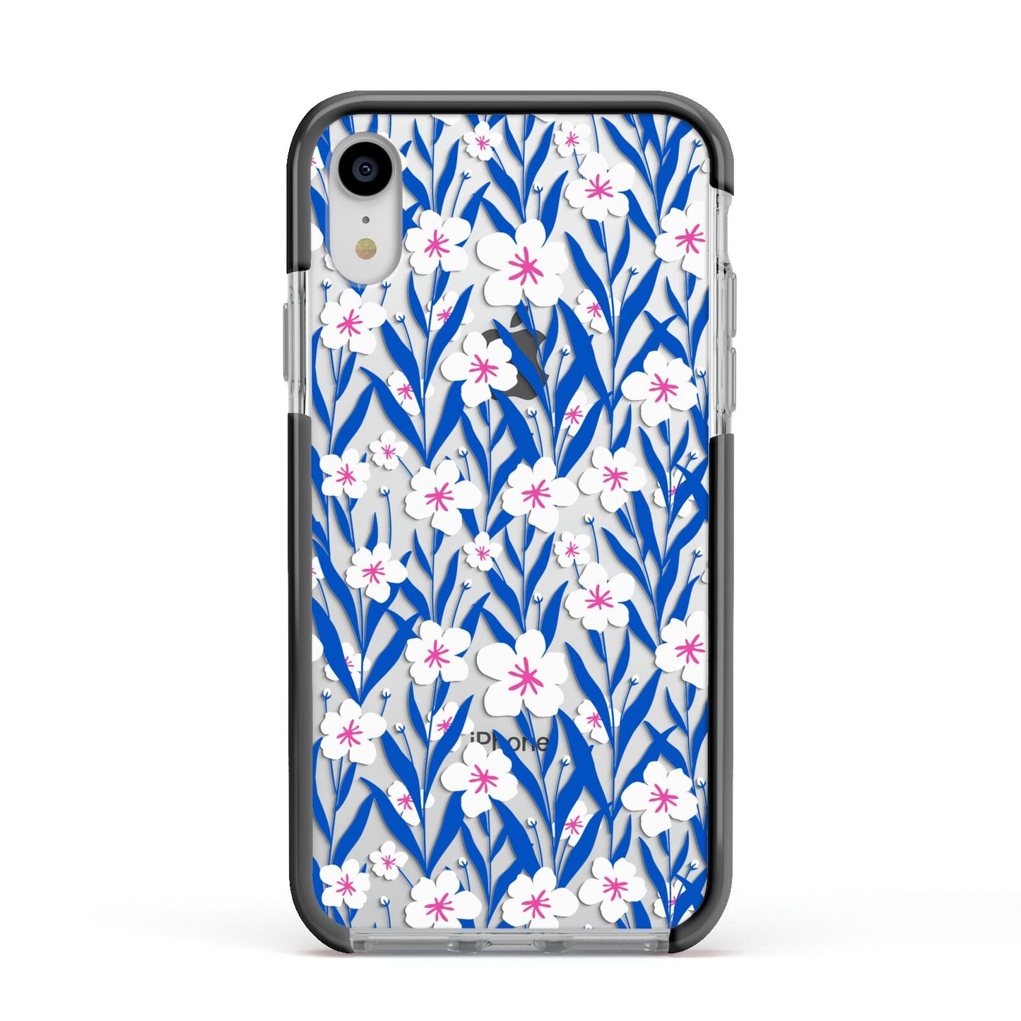 Blue and White Flowers Apple iPhone XR Impact Case Black Edge on Silver Phone