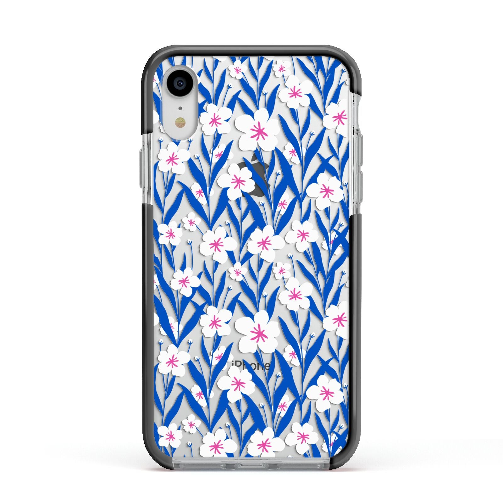 Blue and White Flowers Apple iPhone XR Impact Case Black Edge on Silver Phone