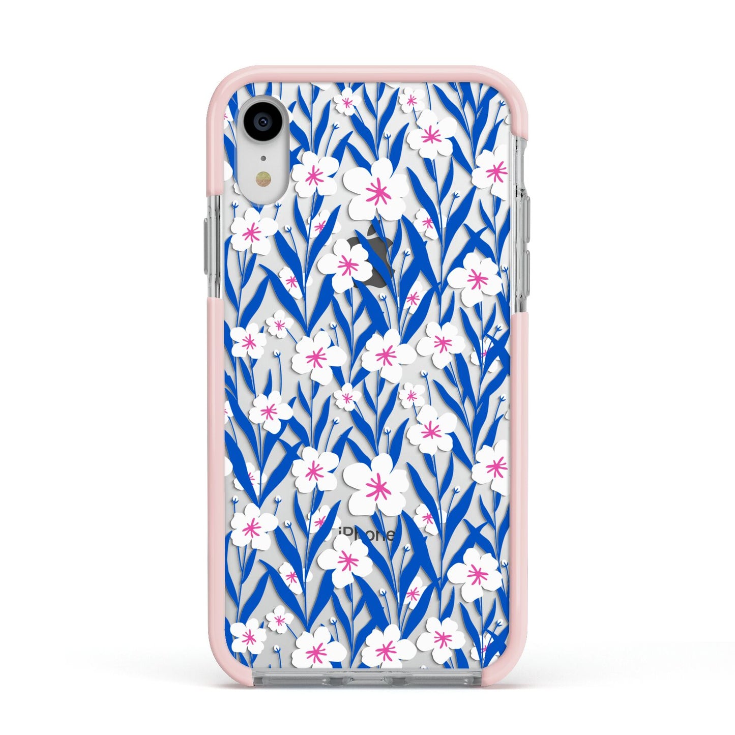 Blue and White Flowers Apple iPhone XR Impact Case Pink Edge on Silver Phone